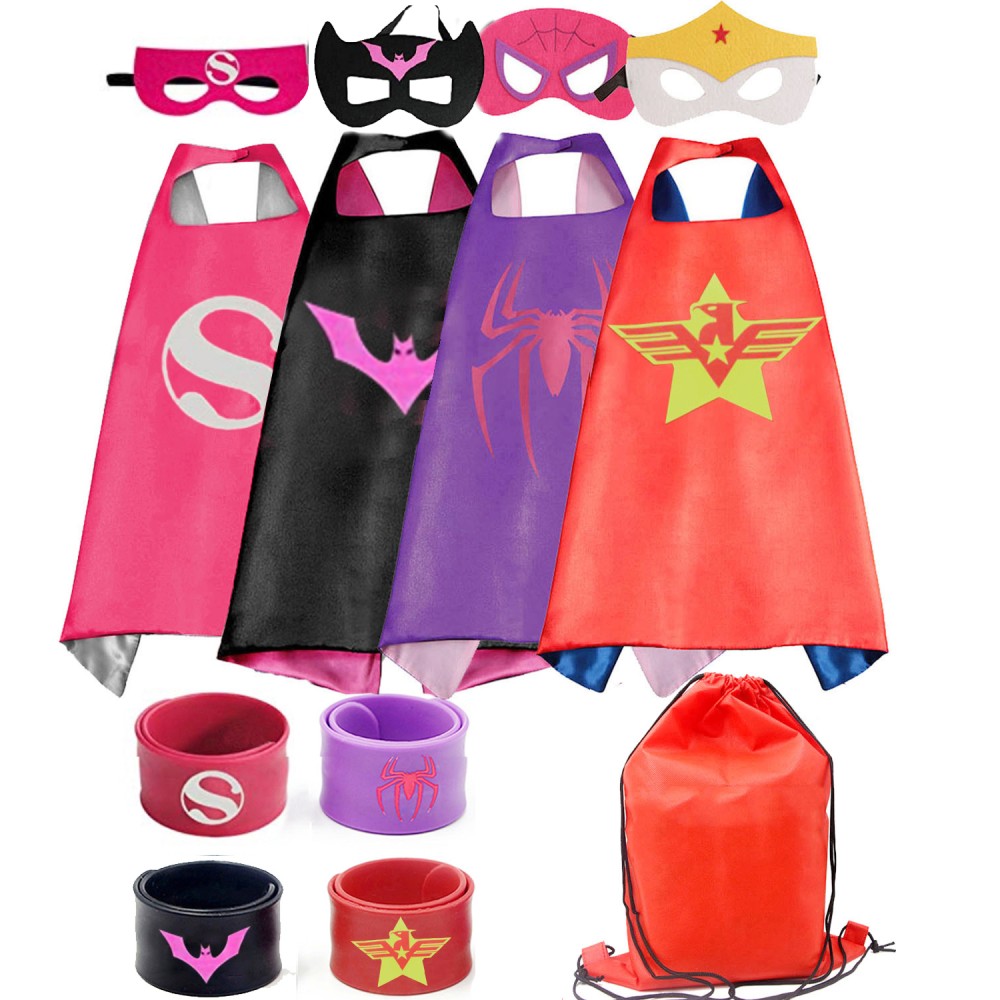 Birthday Party Children Dress up Costume Superhero Capes Set with Drawstring Backpack and Wristbands for Kids 
